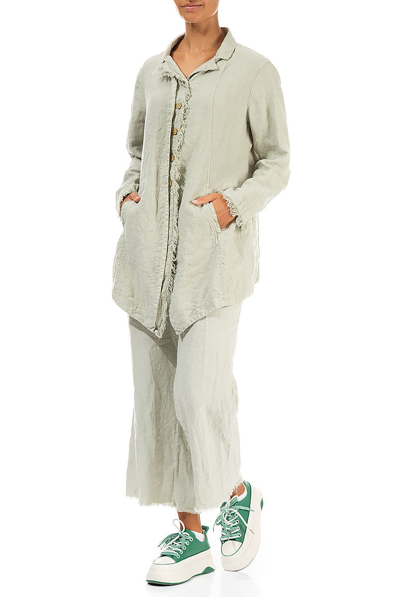 Fringed Flared Laurel Green Linen Trousers 4