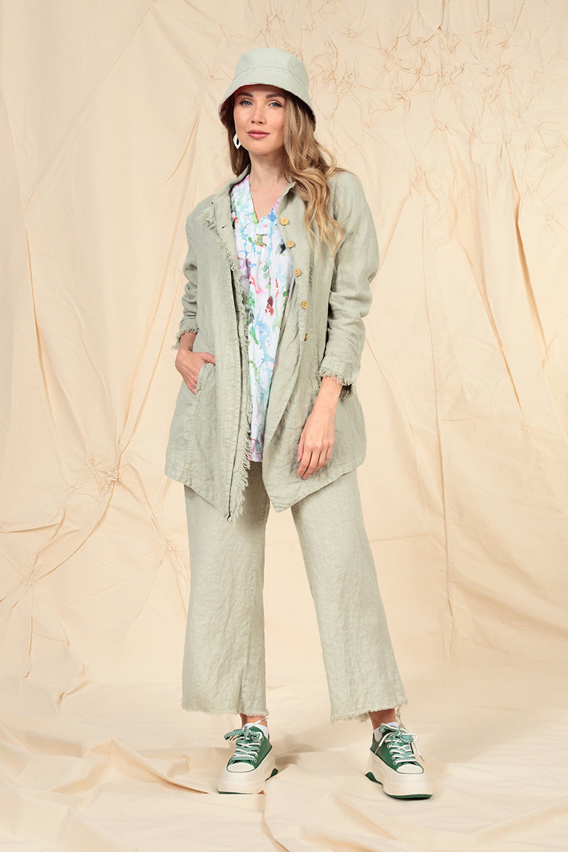Fringed Flared Laurel Green Linen Trousers 7