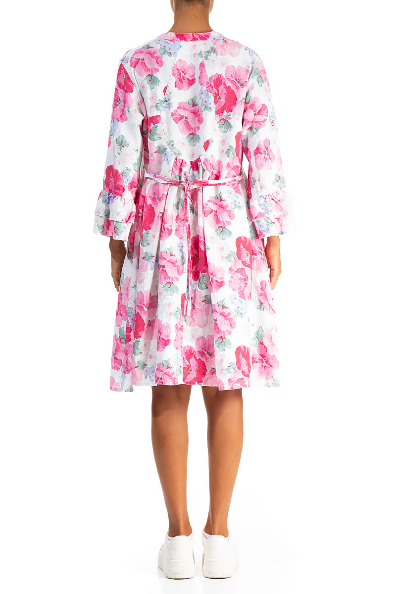 Front Buttons Flared Peony Blossom Linen Dress 2