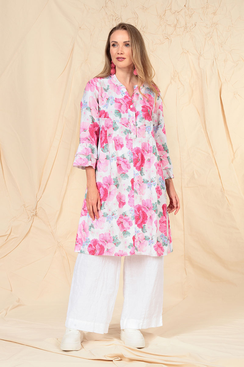 Front Buttons Flared Peony Blossom Linen Dress 1