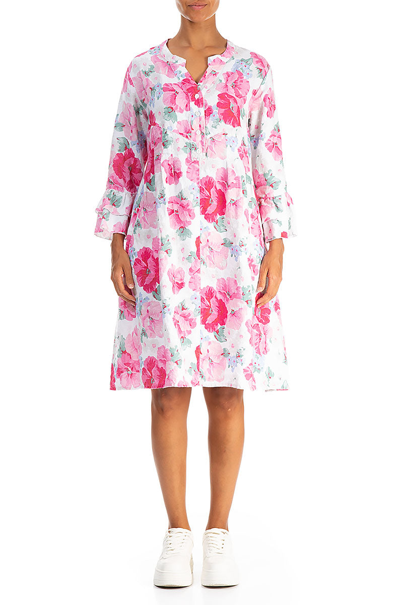 Front Buttons Flared Peony Blossom Linen Dress 1
