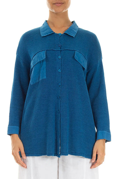 Vorderer Tasche Kobaltblauer Leinen-Cardigan