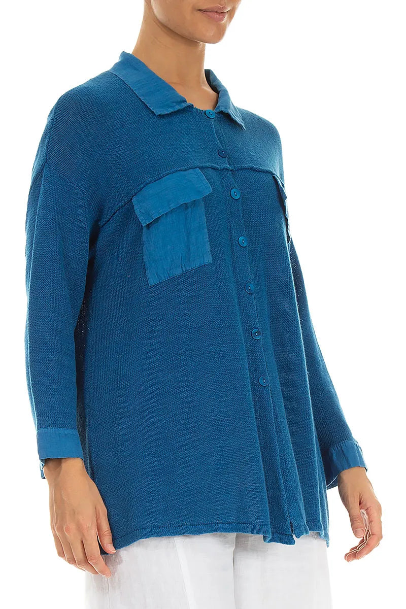 Vorderer Tasche Kobaltblauer Leinen-Cardigan