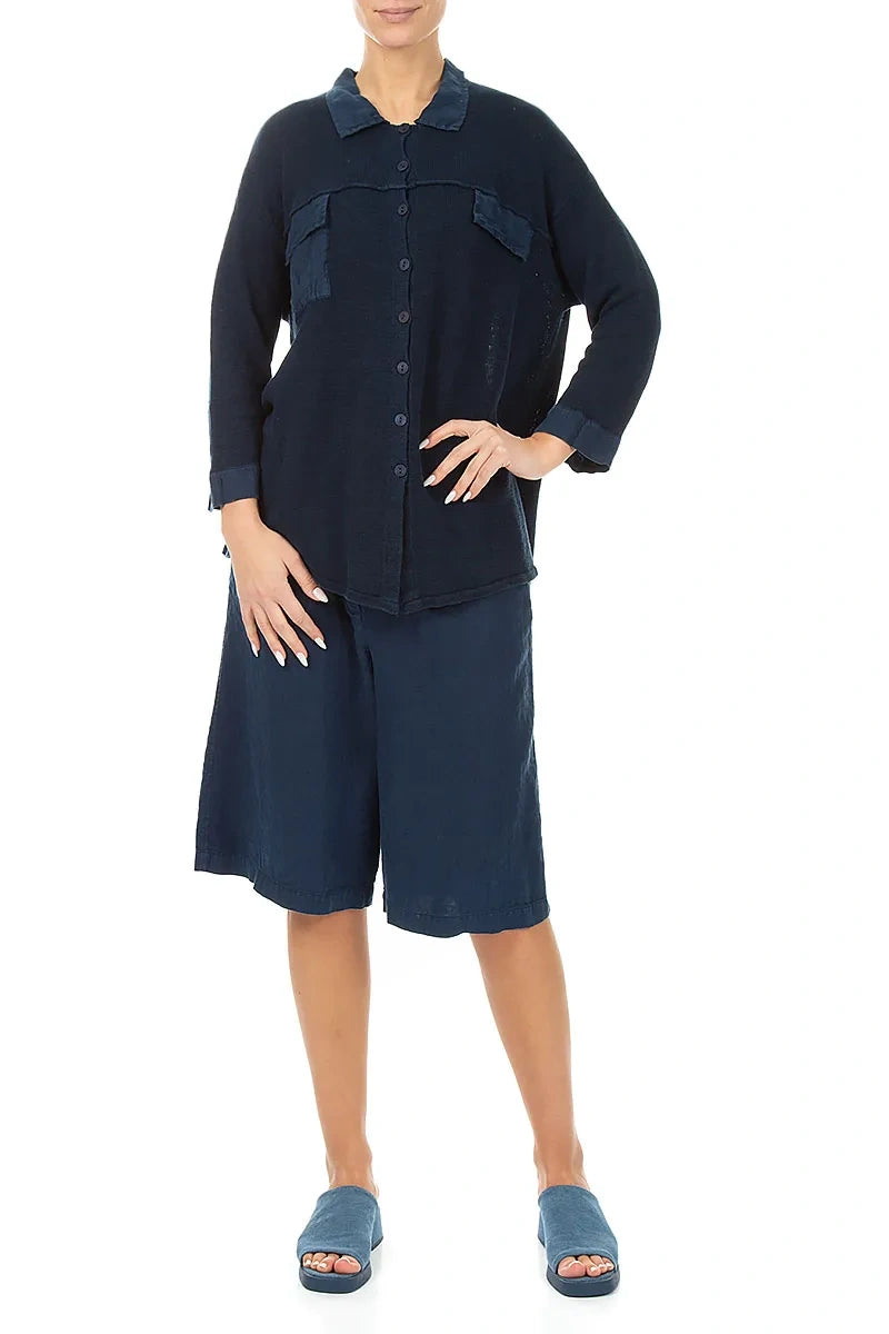 Front Pocket Navy Linen Cardigan 4