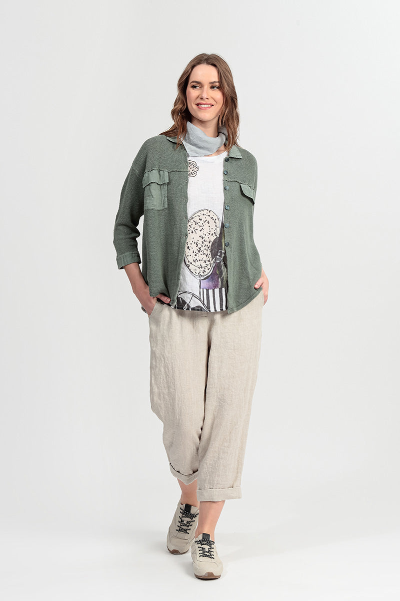 Front Pocket Sage Linen Cardigan 1