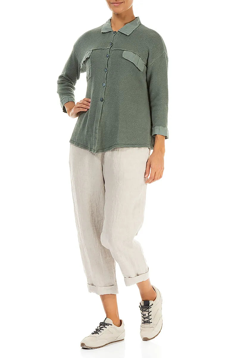 Front Pocket Sage Linen Cardigan 5