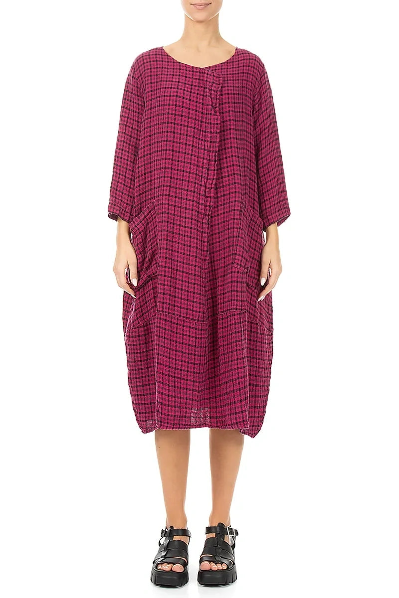 Front Pockets Fuchsia Heritage Check Linen Dress 1