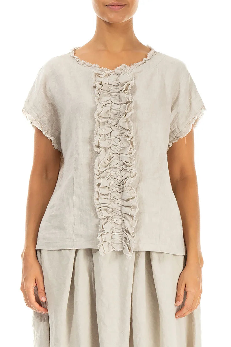 Front Ruffle Natural Linen Blouse 1
