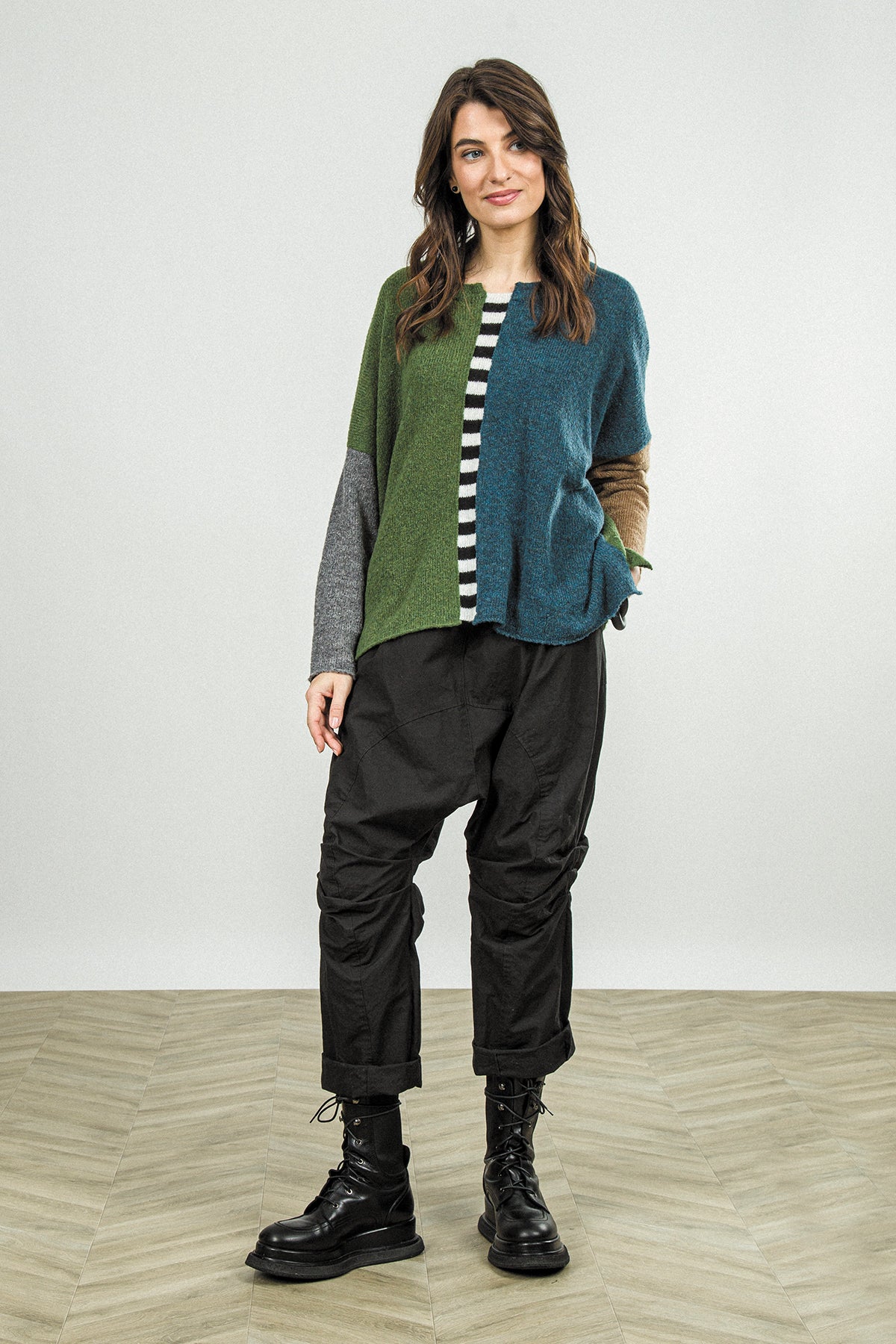 Gathered Knee Black Cotton Twill Trousers 7
