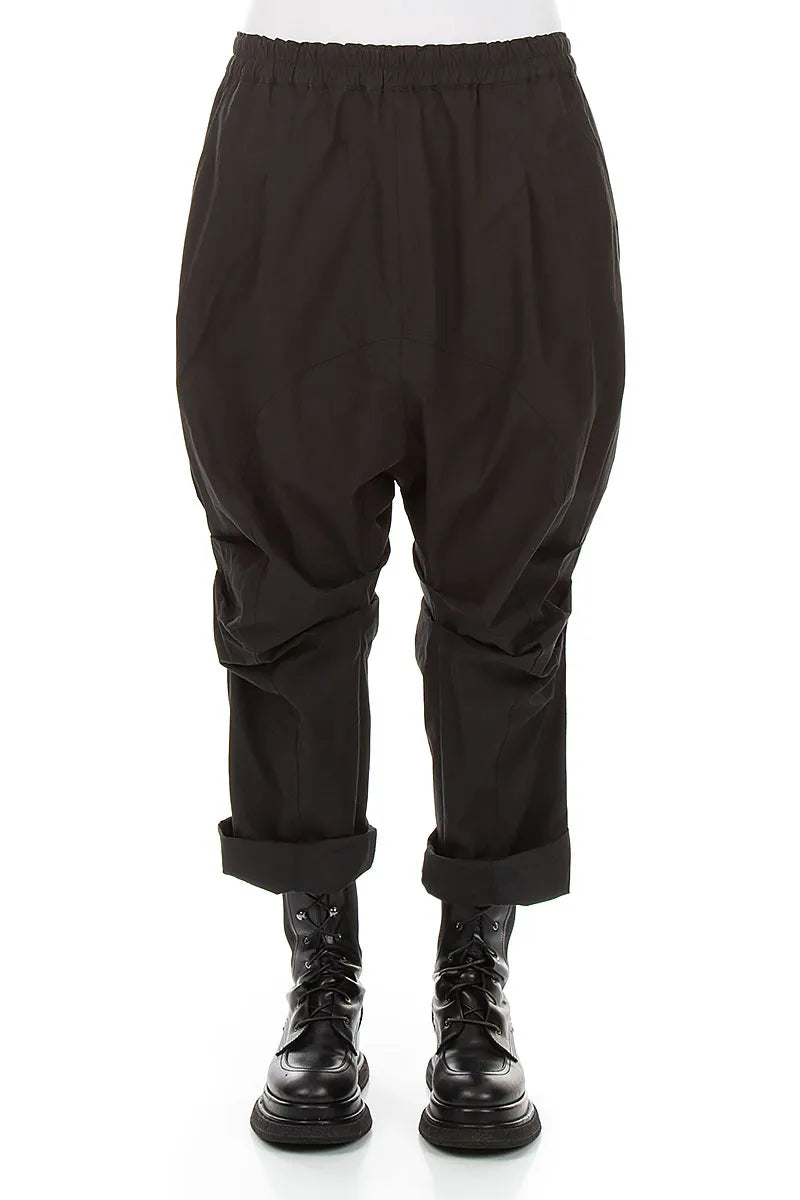 Gathered Knee Black Cotton Twill Trousers 1