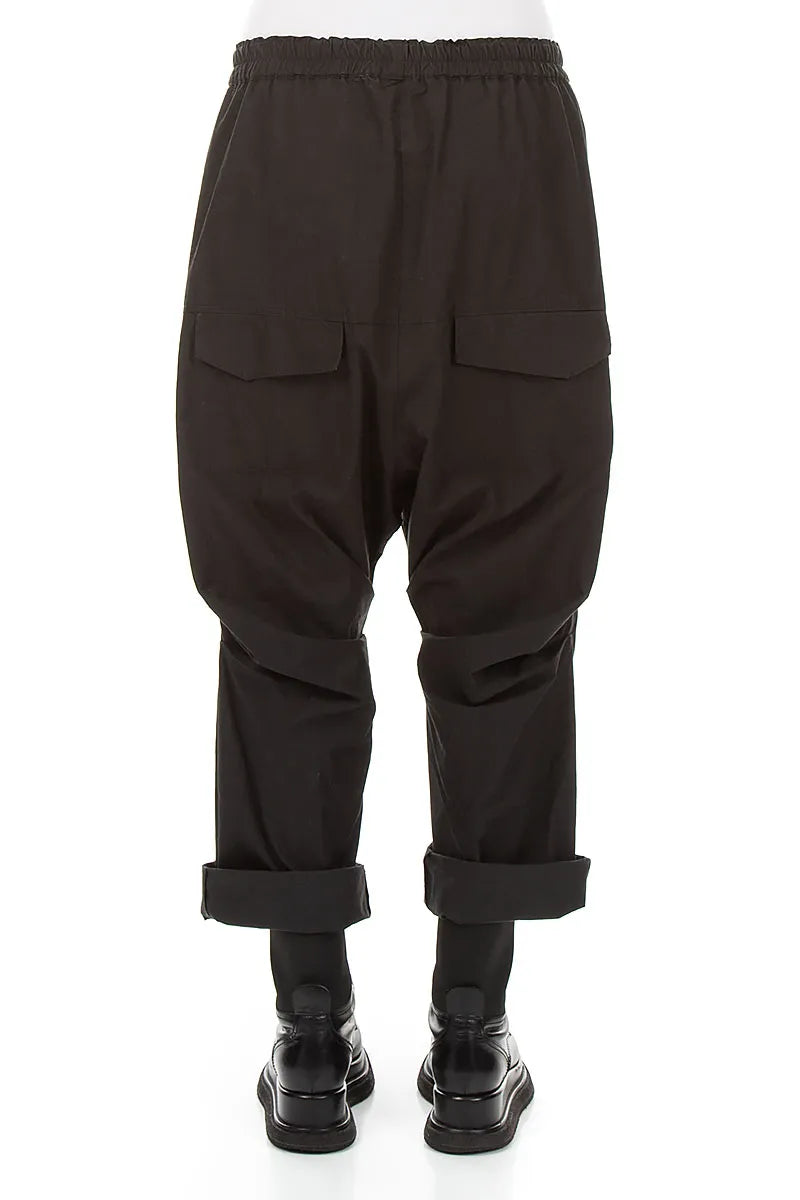 Gathered Knee Black Cotton Twill Trousers 2