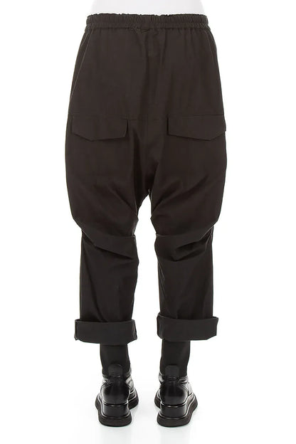 Gathered Knee Black Cotton Twill Trousers 2