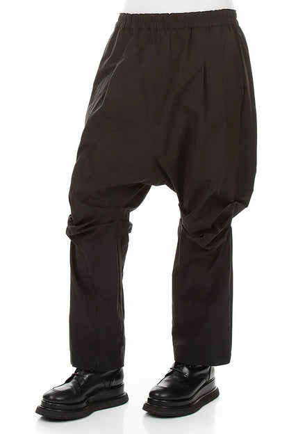 Gathered Knee Black Cotton Twill Trousers 4
