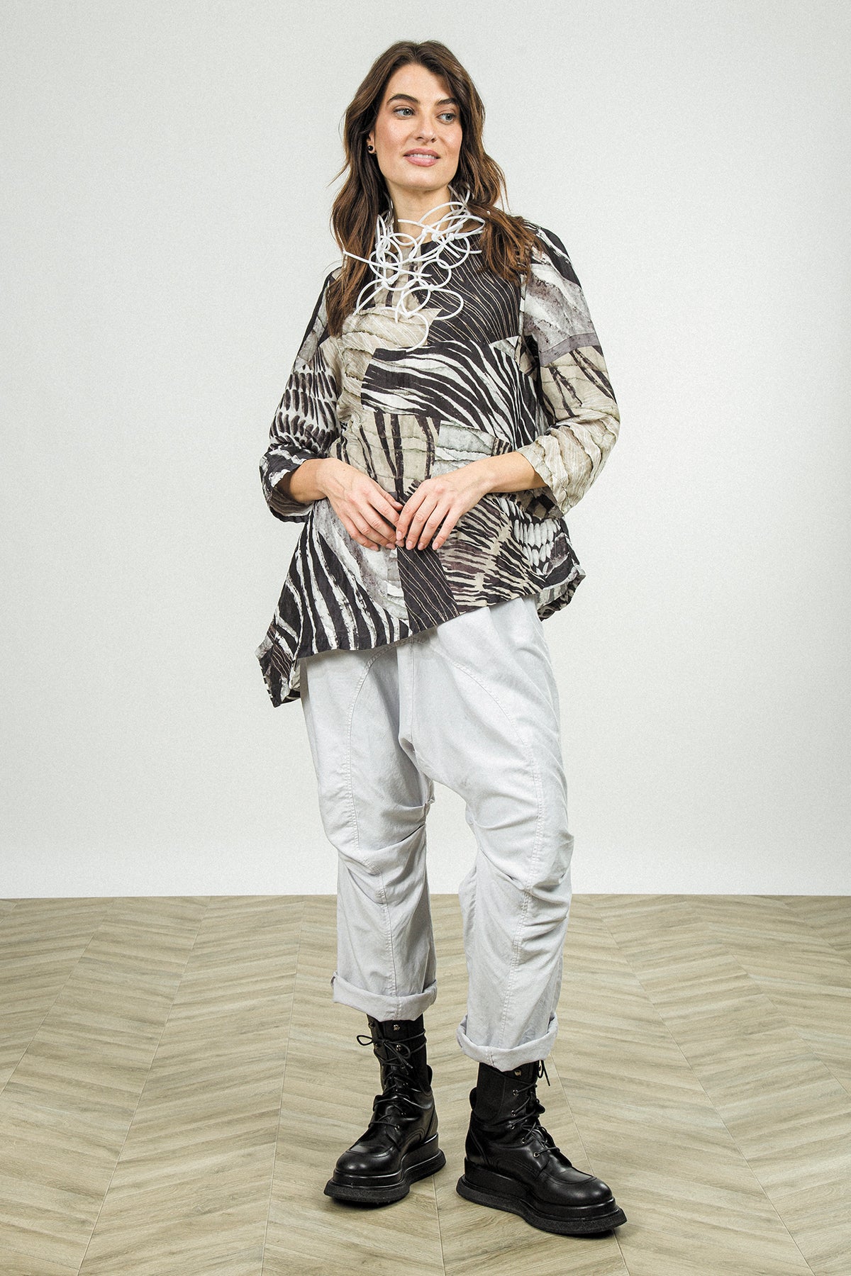 Gathered Knee Pearl Grey Silk Cotton Trousers