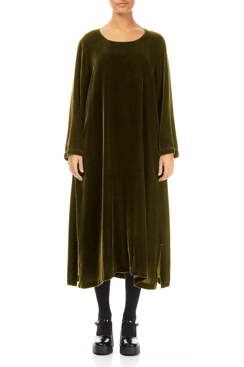 Golden Lime Silk Velvet Shift Dress 1