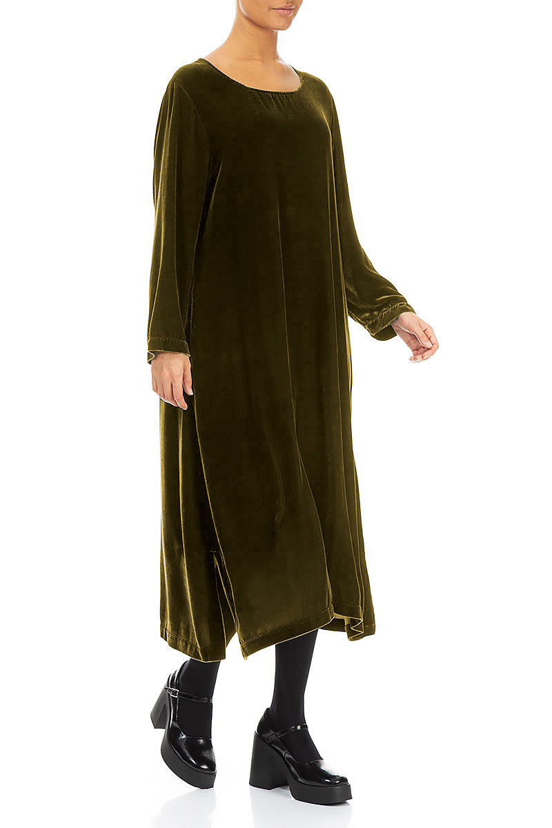 Golden Lime Silk Velvet Shift Dress 3