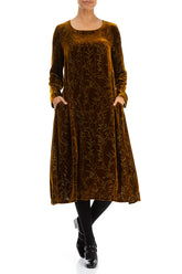 Golden Olive Devoré Feather Silk Velvet Dress 4