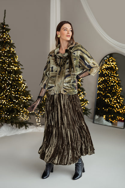 Golden Sage Crumpled Silk Velvet Skirt