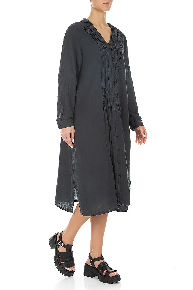 Graphitfarbenes Leinenkleid mit Biesen