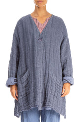 Dropped Edge Blue Nova Lined Handwoven Linen Jacket 1
