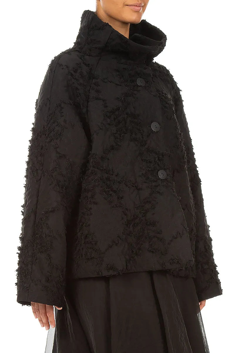 High Collar Black Feathered Jacket 3