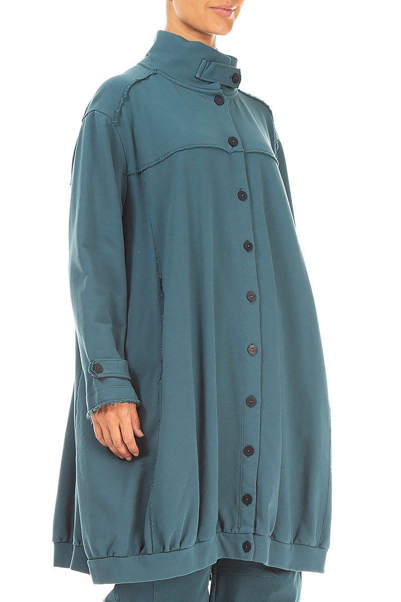 High Collar Deep Turquoise French Terry Cotton Jacket 3