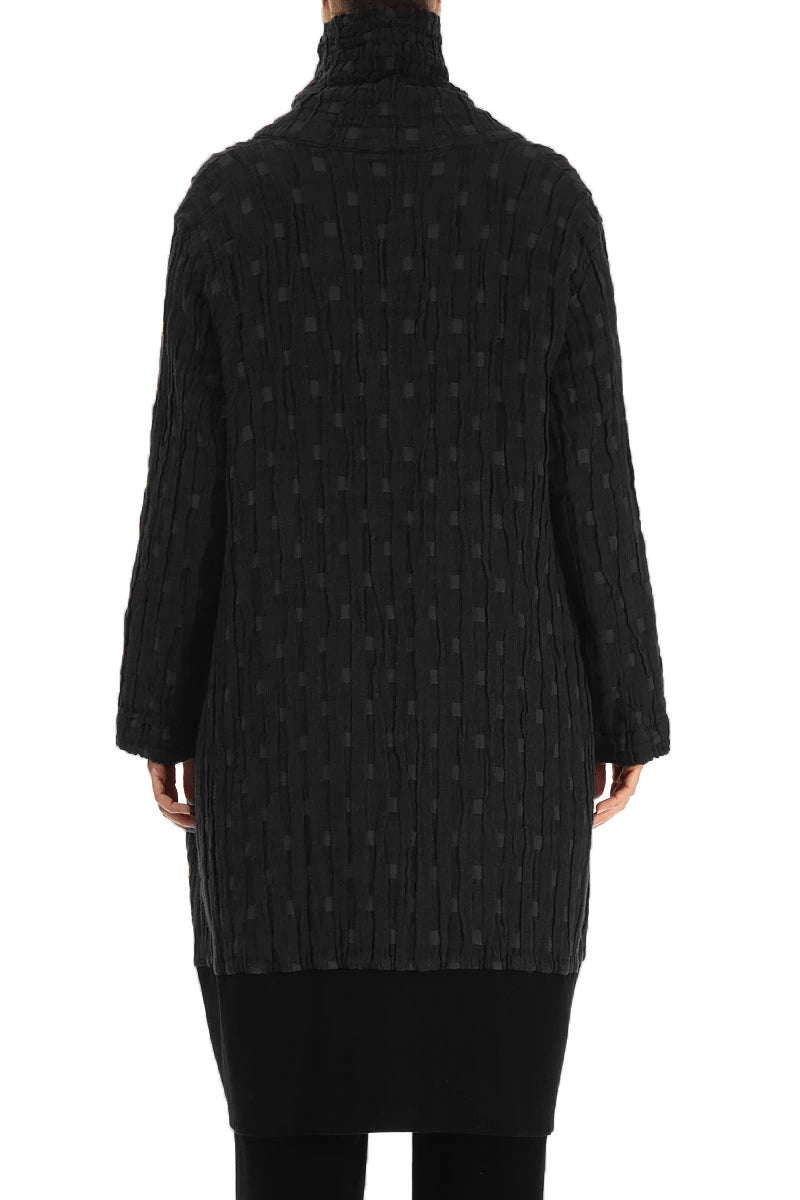 High Collar Black Textured Linen Jacket 2