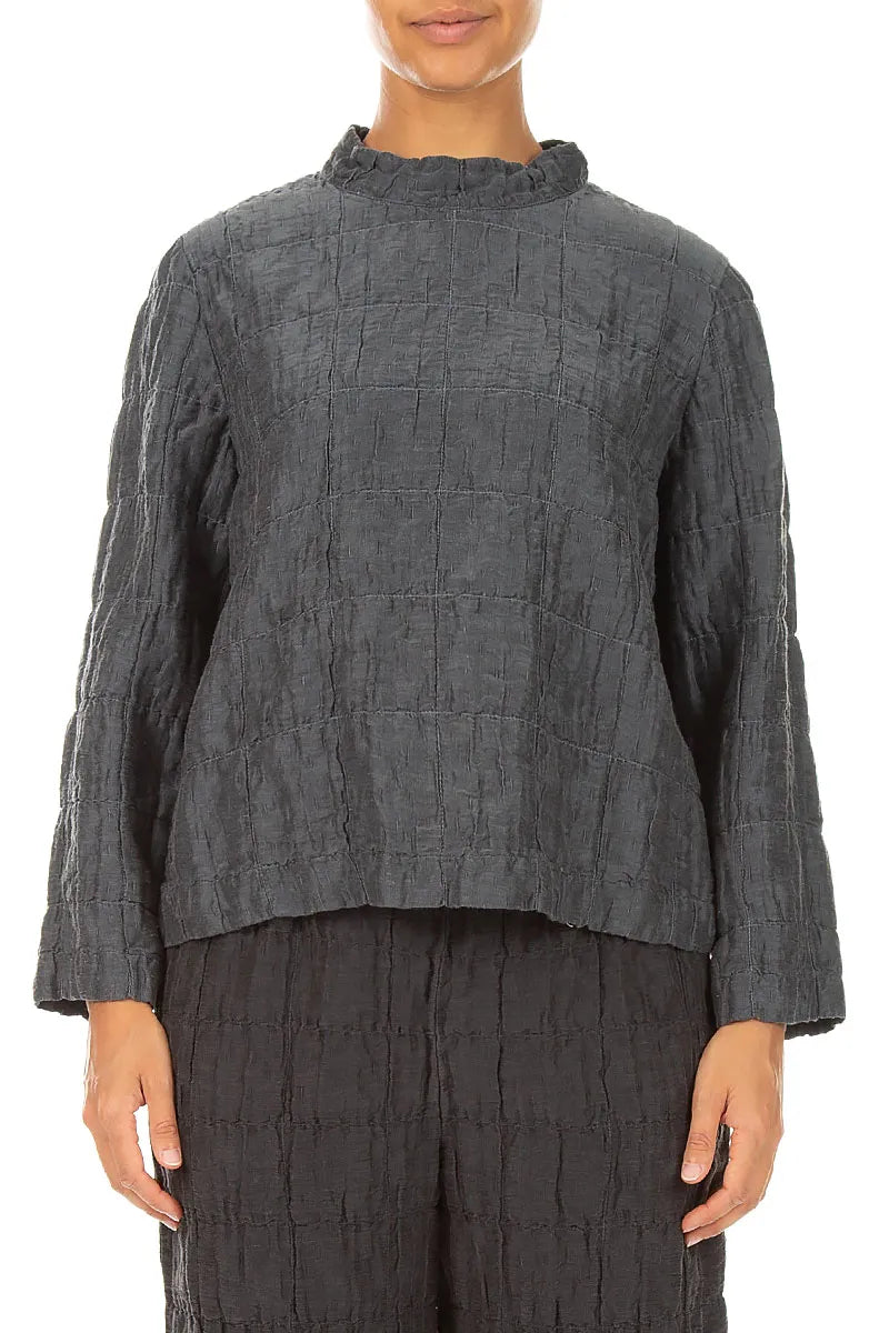 Higher Neck Charcoal Pleated Silk Linen Blouse 1