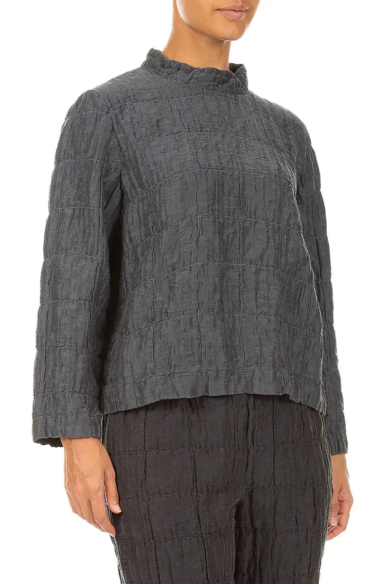 Higher Neck Charcoal Pleated Silk Linen Blouse 3
