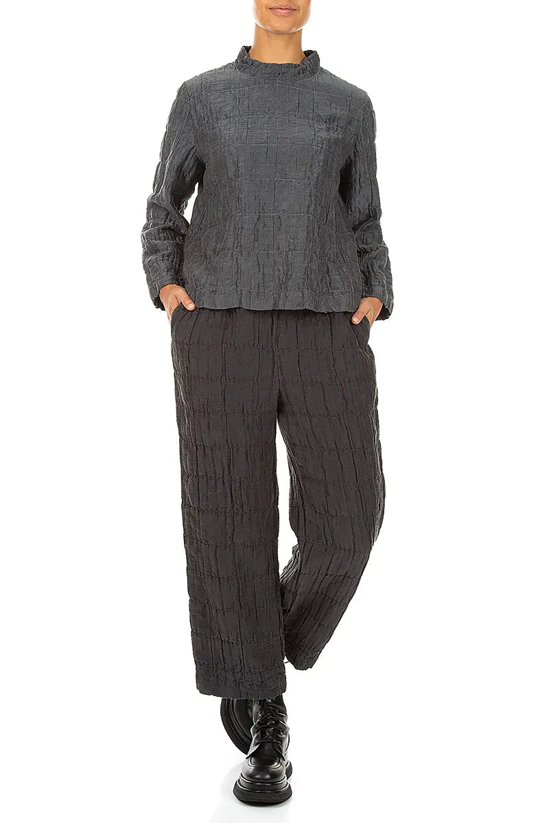 Higher Neck Charcoal Pleated Silk Linen Blouse 4