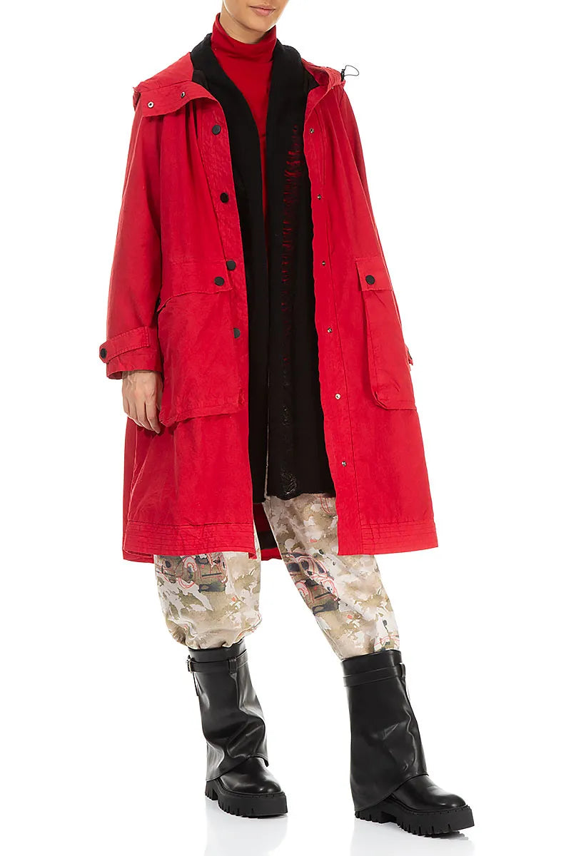 Hooded Cherry Red Cotton Coat 5