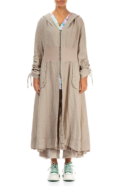 Kapuzenjacke aus Leinen mit Raffärmeln in Beige