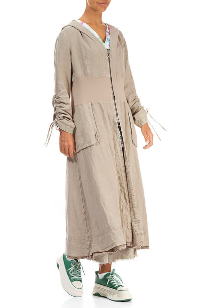 Kapuzenjacke aus Leinen mit Raffärmeln in Beige