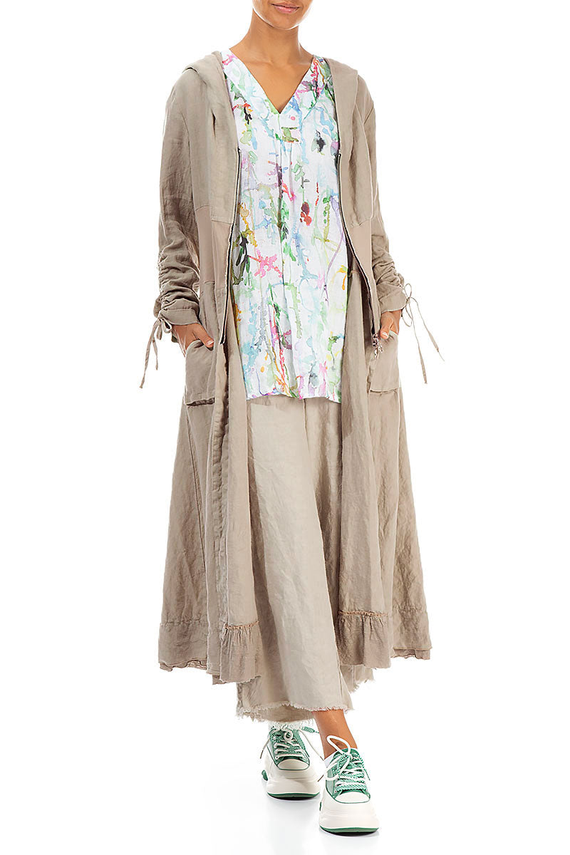 Kapuzenjacke aus Leinen mit Raffärmeln in Beige