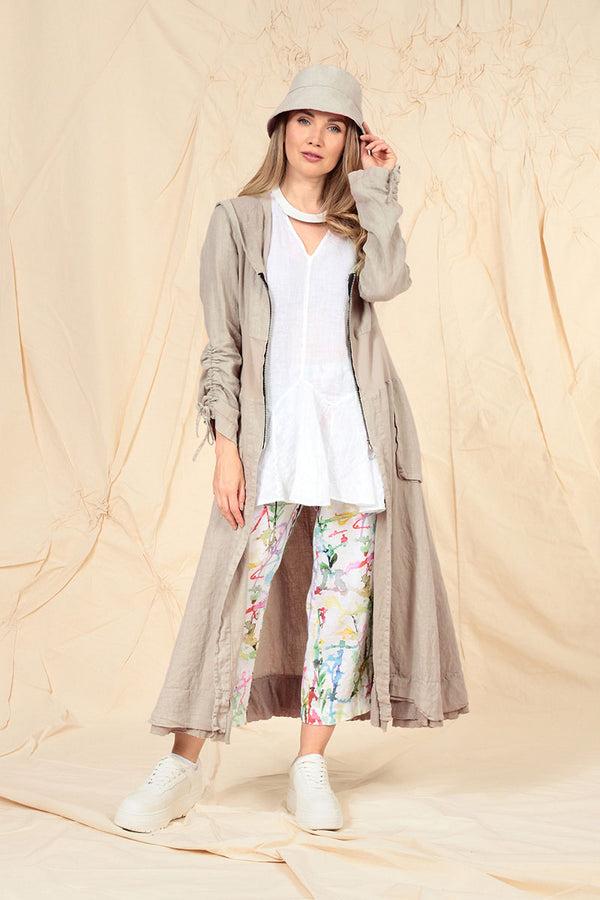 Hooded Gathered Sleeves Beige Linen Jacket