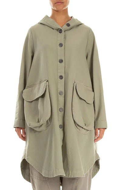 Hooded Olive Grey Stretch Cotton Coat