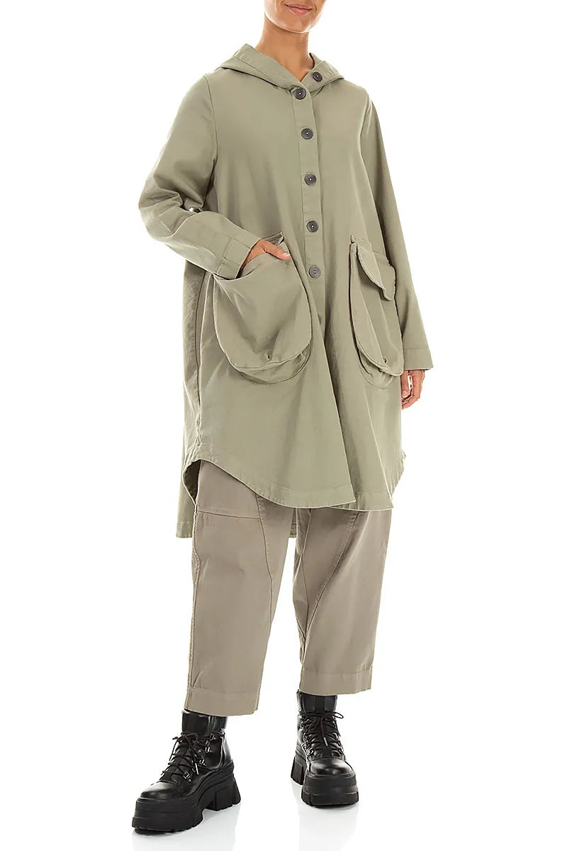 Hooded Olive Grey Stretch Cotton Coat