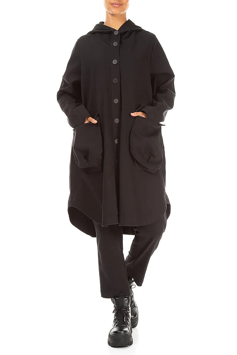 Hooded Black Stretch Cotton Coat