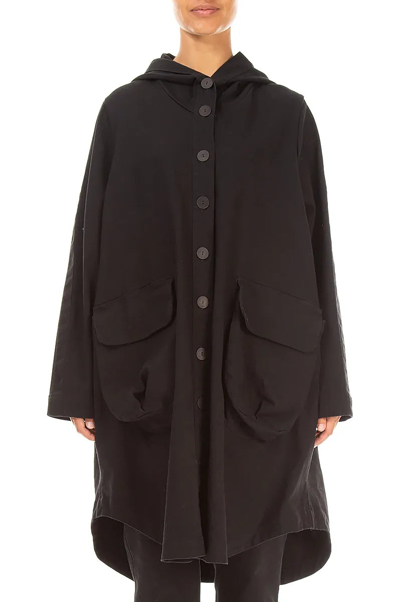 Hooded Black Stretch Cotton Coat