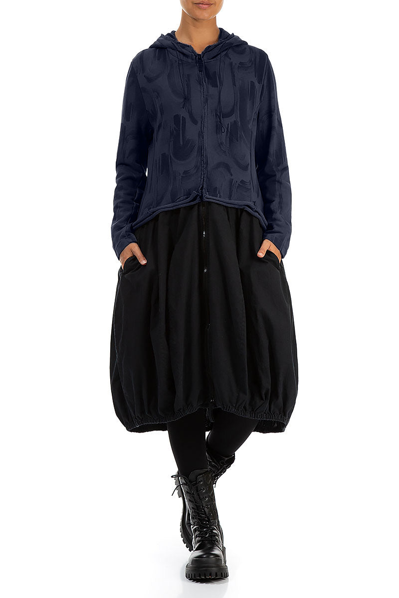 Hooded Slate Blue Paintwave Cotton Jacket Dress 4