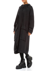 Hooded Three Pockets Black Cotton Jacket 3