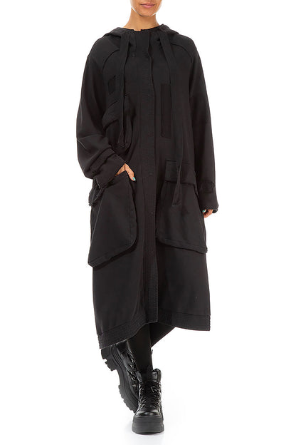 Hooded Three Pockets Black Cotton Jacket 4