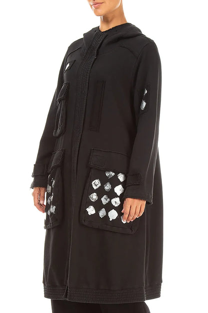 Hooded Three Pockets Black Silver Metallic French Terry Cotton Jacket 3