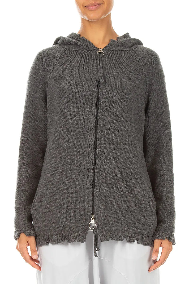 Grauer Cardigan aus Merinowolle mit Kapuze und Reißverschluss