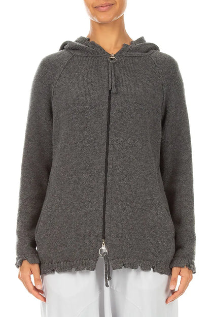 Grauer Cardigan aus Merinowolle mit Kapuze und Reißverschluss