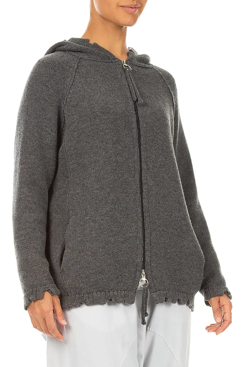 Grauer Cardigan aus Merinowolle mit Kapuze und Reißverschluss