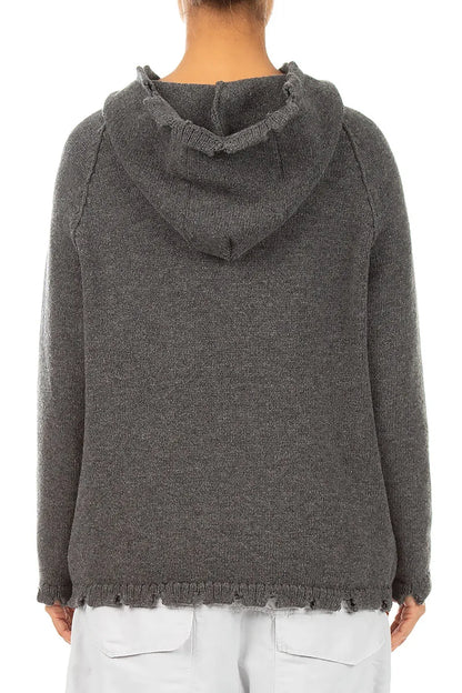 Grauer Cardigan aus Merinowolle mit Kapuze und Reißverschluss