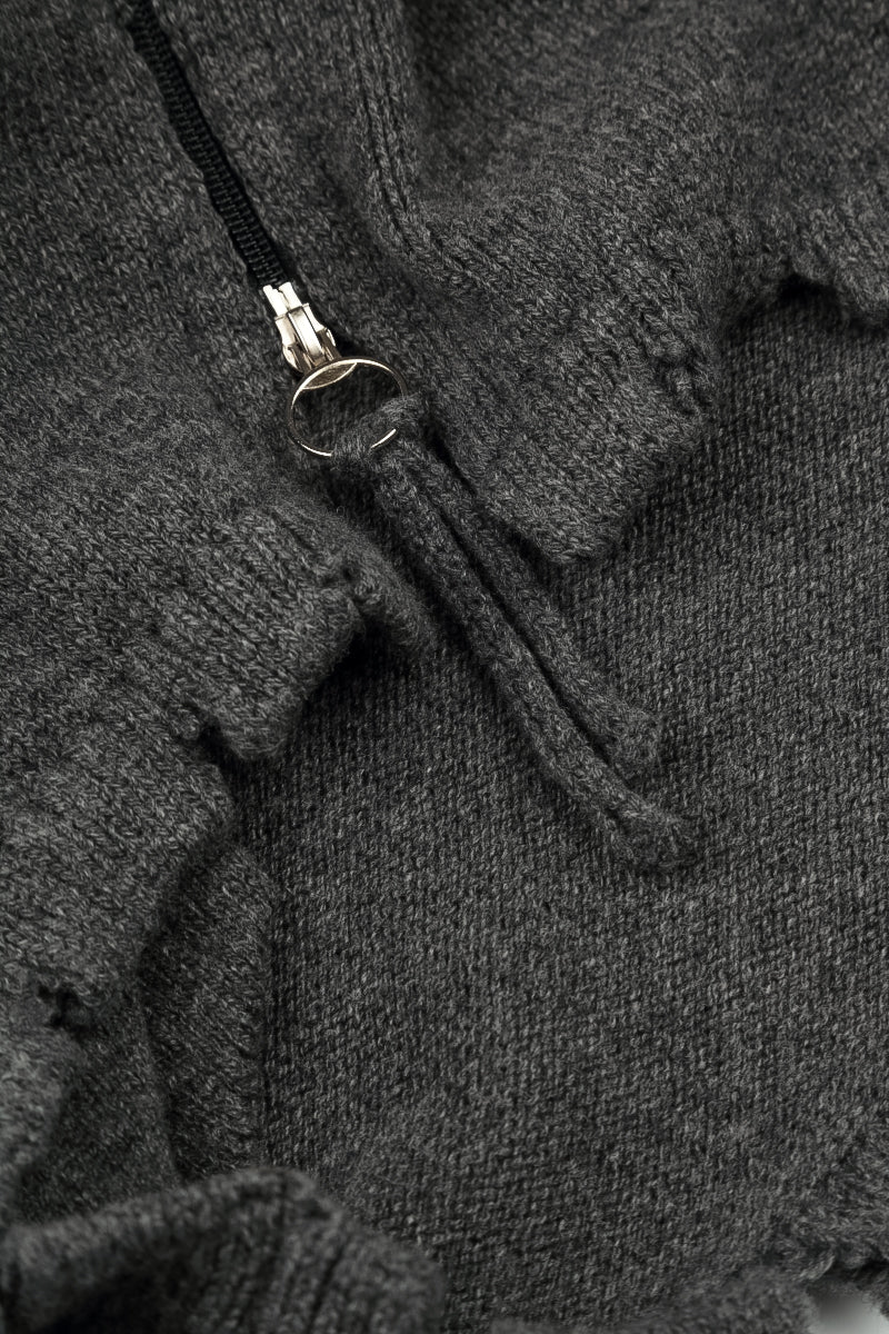 Grauer Cardigan aus Merinowolle mit Kapuze und Reißverschluss