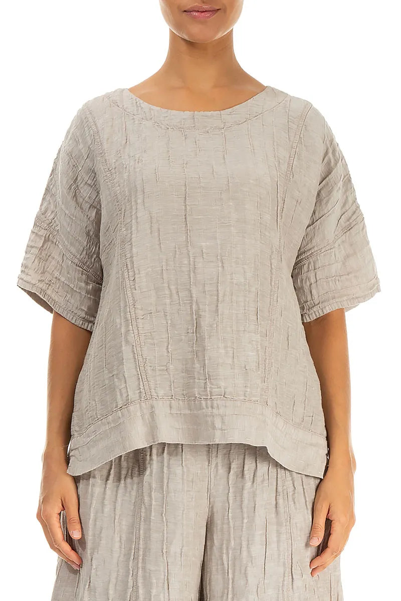 Horizontal Hem Crinkled Beige Silk Linen Blouse