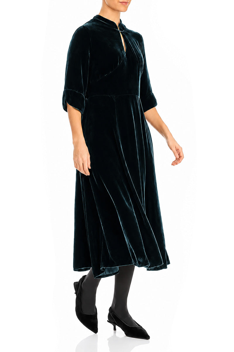Keyhole Neck Deep Turquoise Silk Velvet Dress 3